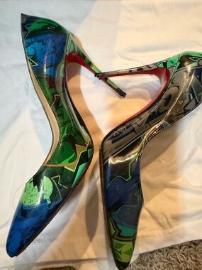 Christian Louboutin Green & Blue Graffiti Patent Pointed Toe Pumps